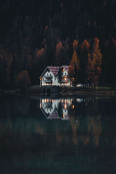湖边树木环绕的白色和棕色的房子